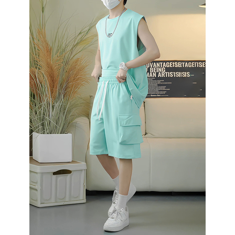 Mint Manbo Green Short-Sleeved Shorts Set for Men, Summer Outfit, Complete Set of Korean-Style Quick-Drying Casual Sportswear