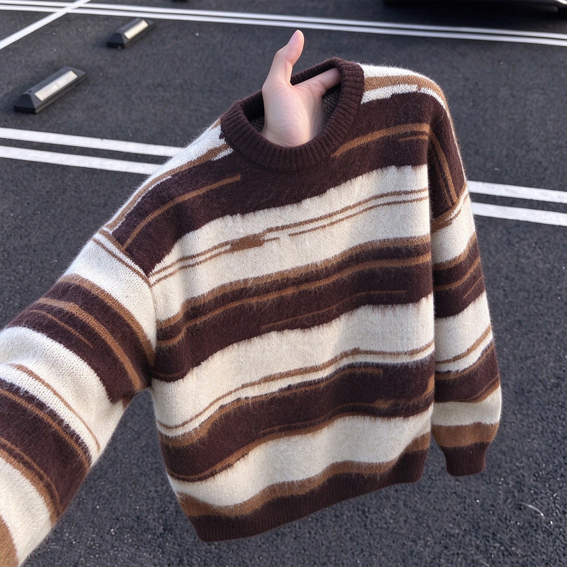 Mohair Round Neck Sweater for Men, Autumn and Winter Casual Color-Blocked Striped Knitwear, Loose and Relaxed Style, Couple's Base Layer Shirt