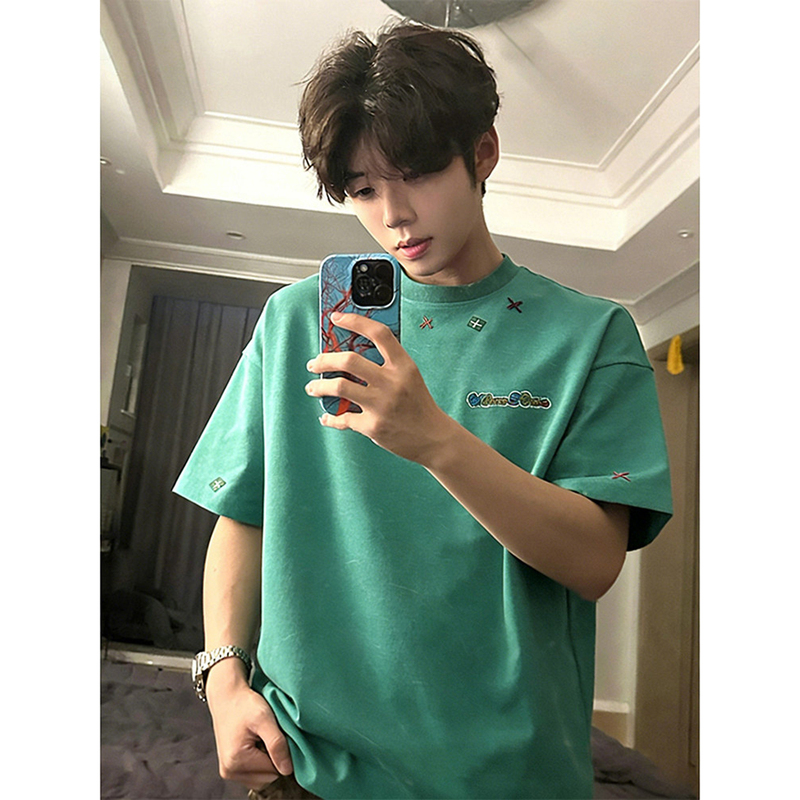 Dark Green American-Style Tie-Dye Embroidered T-Shirt for Men, Summer Heavyweight Regular Shoulder Short-Sleeve with Small Neckline, High-End Feel, Suitable for Commuting