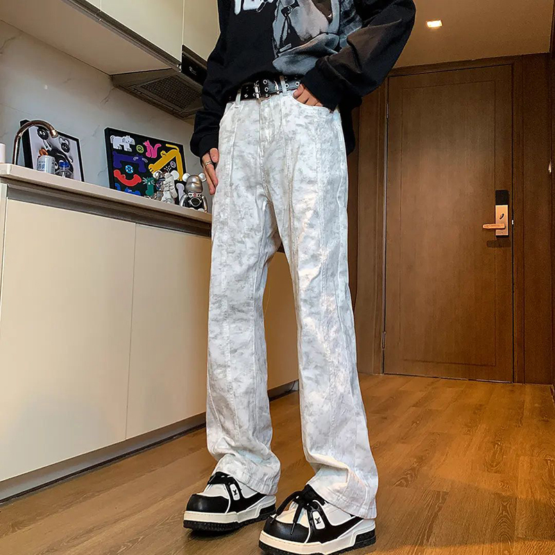 American High Street Vibe Pants for Men, Spring and Autumn Style, Cool and Trendy Brand, Patchwork White Jeans, High-Waisted Straight-Leg Flared Pants