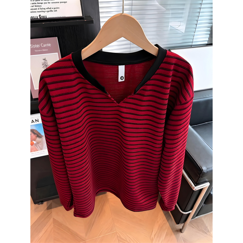 Black and Red Striped Long-Sleeved T-Shirt, American Retro Design, V-Neck Sweatshirt, Men's Autumn Lazy Style Inner Layering Shirt