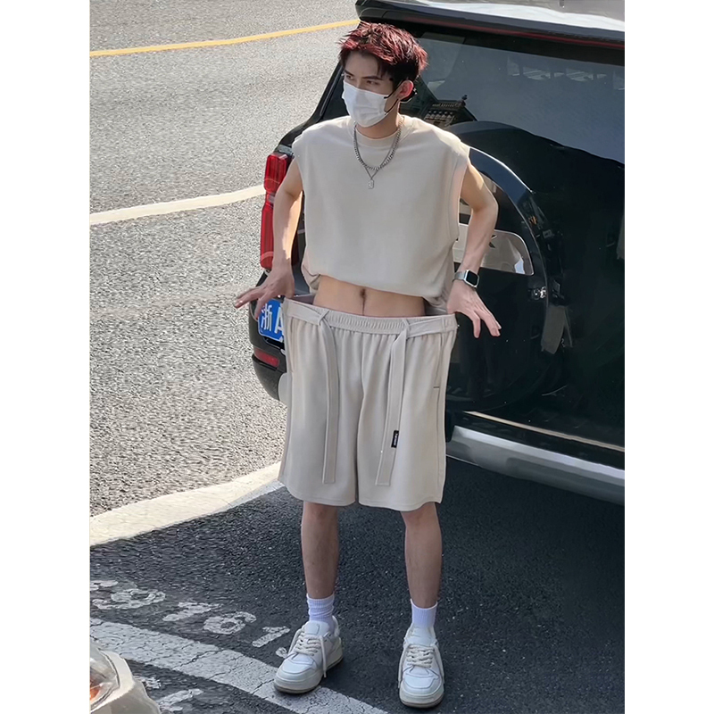 Ice Silk Sports Suit for Men, Summer American-Style Sleeveless T-Shirt, Vest, Shorts, Complete Set for Young Men