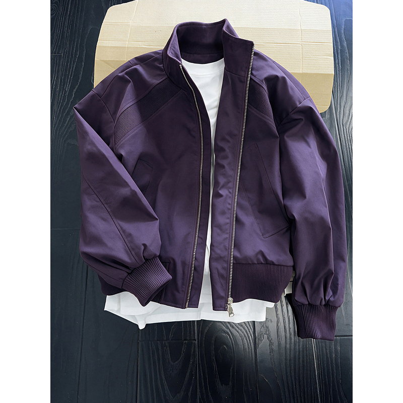 Purple American-Style Deconstructed Bomber Jacket for Men, Short Workwear Jacket for Spring and Autumn, Couple's Stand-Collar Baseball Jacket