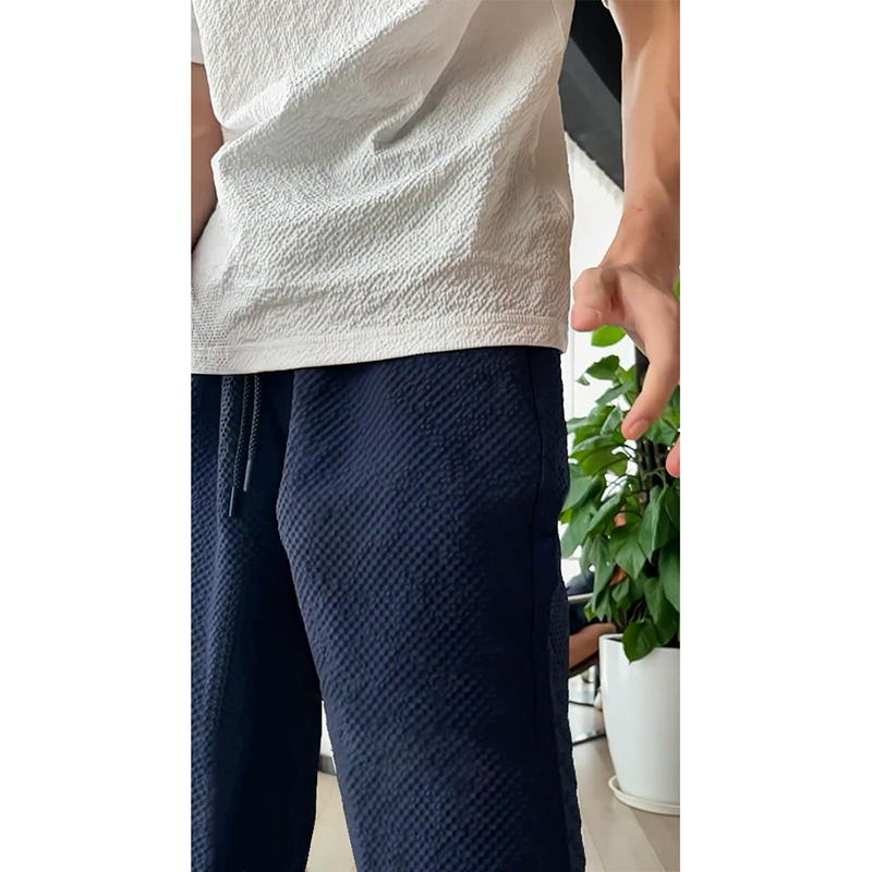 Navy Blue Bubble Gauze Pants, Loose Fit, Bf Style, Lazy American High Street Casual Pants, Men's Summer Ice Silk Wide-Leg Pants