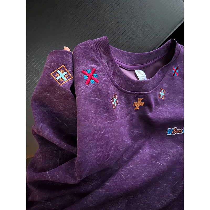 Eggplant Purple Tie-Dye Embroidered Short-Sleeve Men's Summer Heavyweight American Retro Washed T-Shirt Regular Shoulder Couple's Half-Sleeve