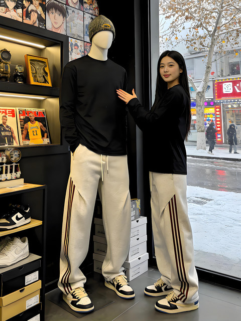 Floral gray sports bootcut two-piece set, high-end pure cotton long-sleeved T-shirt, men's autumn and winter wear set