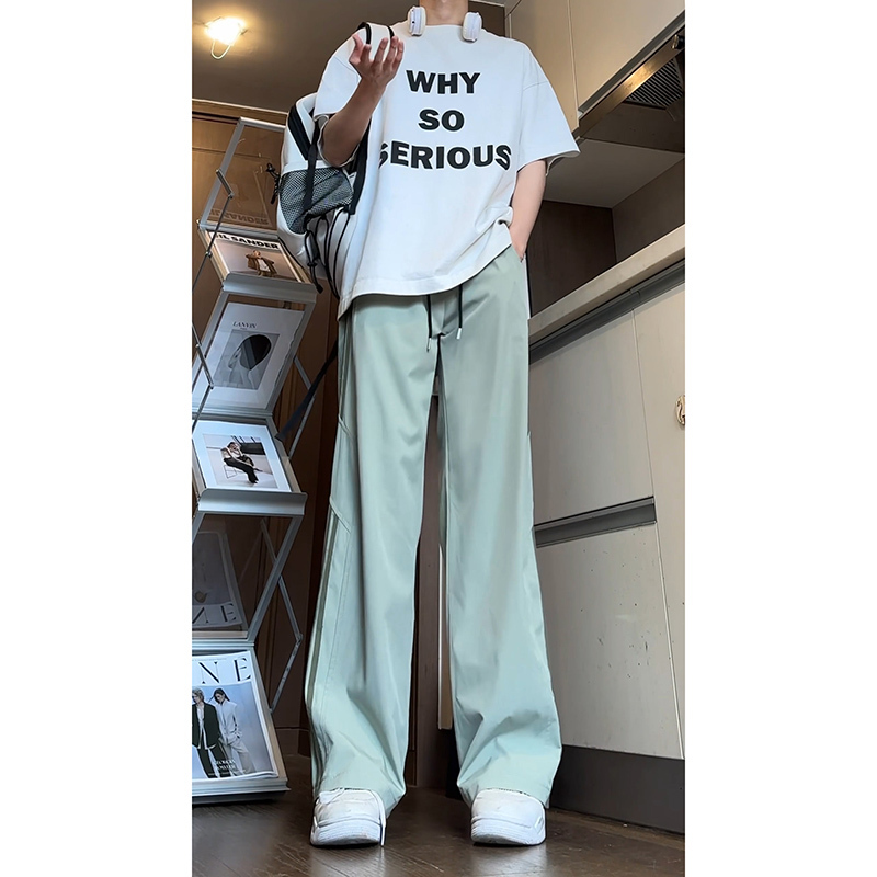 Mint Green Stripesd Quick-Drying Ice Silk Pants Men's Summer Thin Loose Sports Pants American Youth Casual Pants