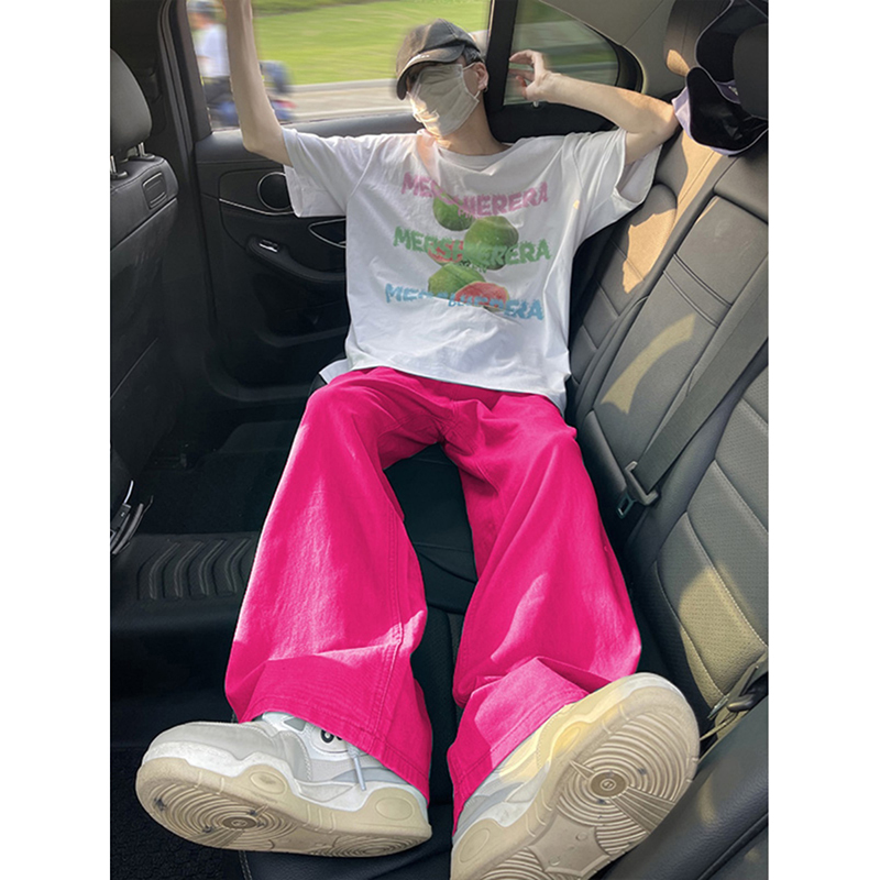 Rose Red Jeans, Summer Thin Style, Dopamine Outfit for Boys, Couple Colorful Pants, American High Street Straight-Leg Pants
