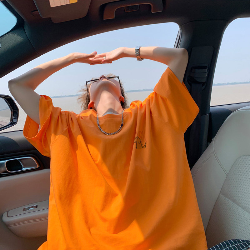 Dopamine Orange Dinosaur Print T-Shirt for Men, Bright Color Style, Summer Pure Cotton Short-Sleeve, Regular Shoulder, Couple Half-Sleeve