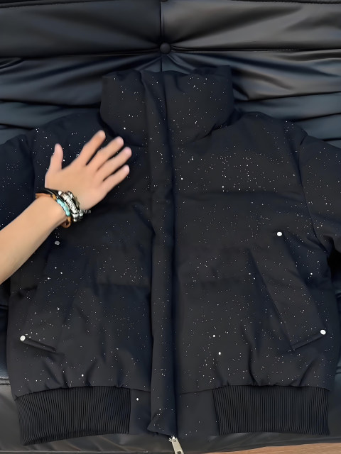 Starry black down jacket for men, winter American high street three-proof stand-up collar jacket, trendy brand short bread coat