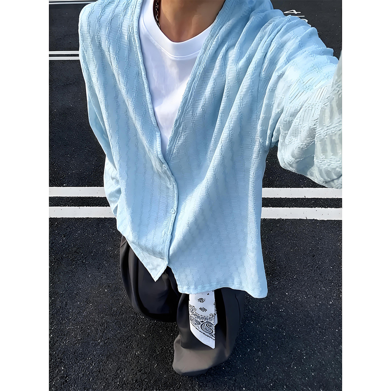 Blue Korean-Style Mesh Breathable Sun Protection Cover-Up for Men, Summer Thin V-Neck Long-Sleeved Shirt, High-End Knitted Jacket Blue Korean-Style Mesh Breathable Sun Protection Cover-Up for Men, Summer Thin V-Neck Long-Sleeved Shirt, High-End Knitted Jacket