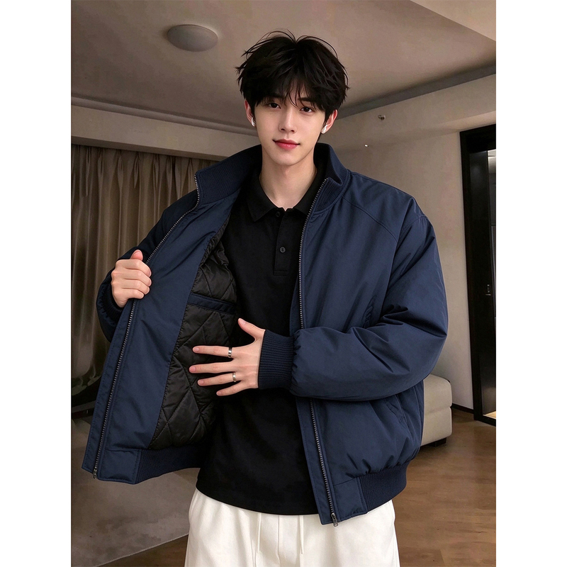 Navy Blue American-Style Flight Jacket down Coat for Men, Winter Thickened Lightweight Cotton Jacket, Stand Collar Short Baseball Jacket