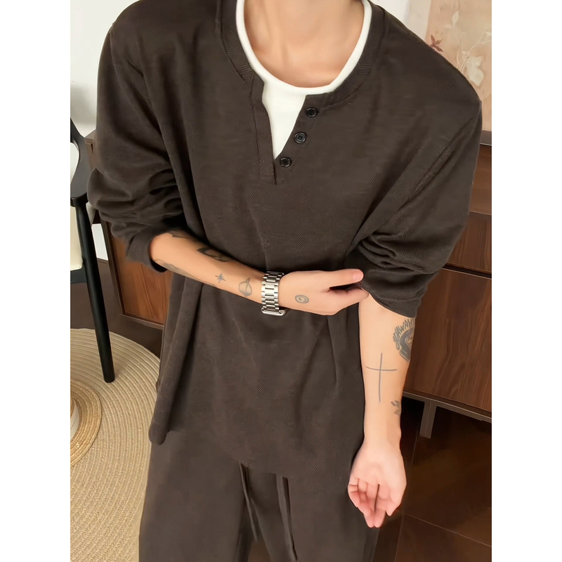 Old Money Style Men's Outfit: Faux Two-Piece Herringbone Long-Sleeve T-Shirt and Relaxed Wide-Leg Pants Set