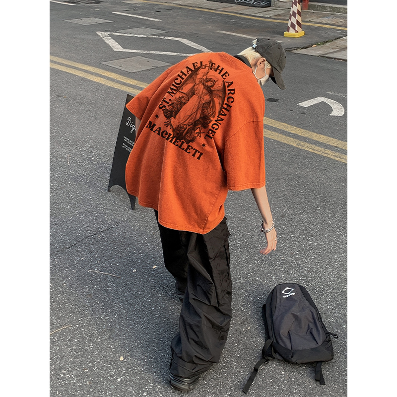 Dirty Orange Original American-Style T-Shirt, Heavyweight Trendy Brand, European and American Washed Short-Sleeve Men's Summer Fashion, Three-Quarter Sleeves