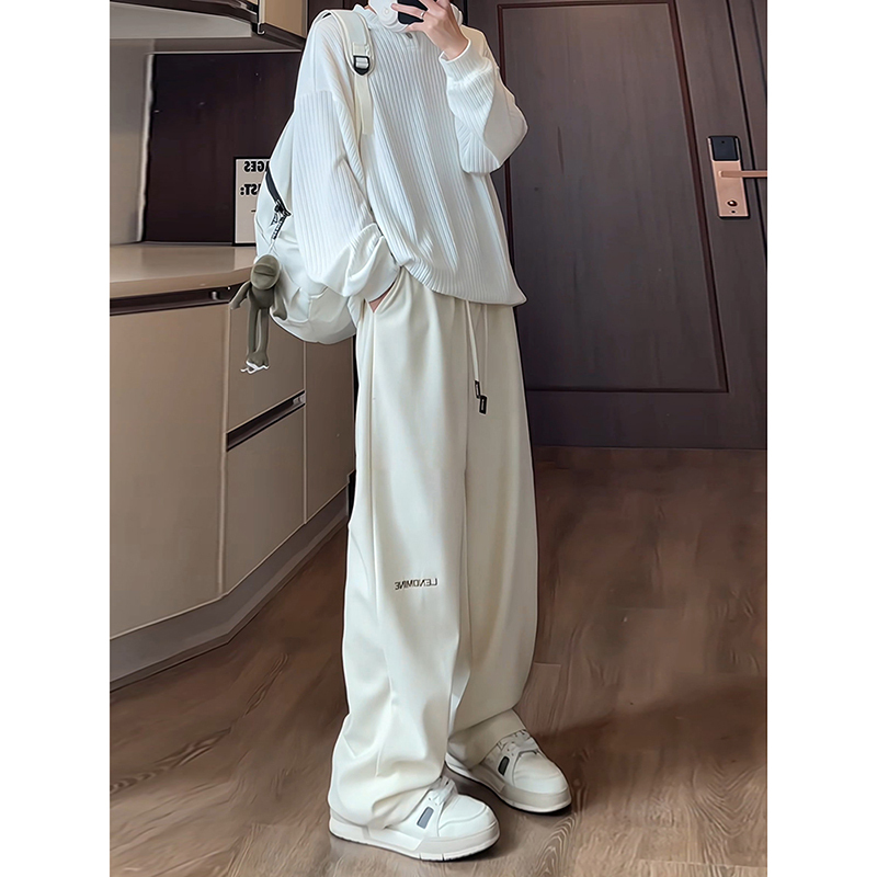 Apricot Corduroy Pants for Men, Autumn and Winter Trendy Brand Letter Embroidery Loose Wide-Leg Pants with Drapey Casual Sports Pants