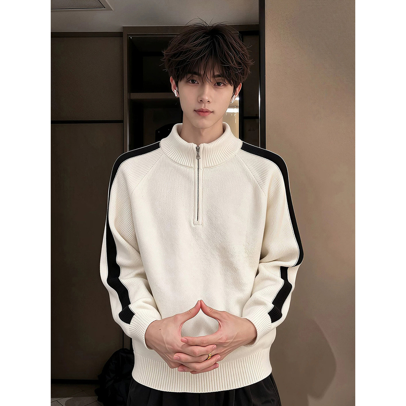 White Half-Zip Color-Blocked Stand-Collar Sweater for Men, Autumn and Winter Fleece-Lined Knitwear with a High-End Feel and a Relaxed Style White Half-Zip Color-Blocked Stand-Collar Sweater for Men, Autumn and Winter Fleece-Lined Knitwear with a High-End Feel and a Relaxed Style