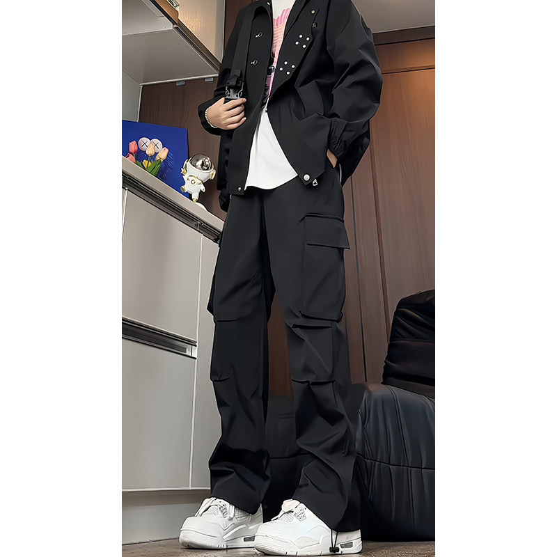 American-Style Black Cargo Pants for Men, Summer Functional Windbreaker Pants, Windproof and Waterproof Outdoor Hiking Clothing, Jacket Set