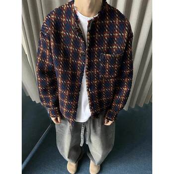 Cleanfit Tweed Jacket in Heavy Knit Fabric, Couple Style, Casual and Versatile, with Frayed Edges and Plaid Pattern