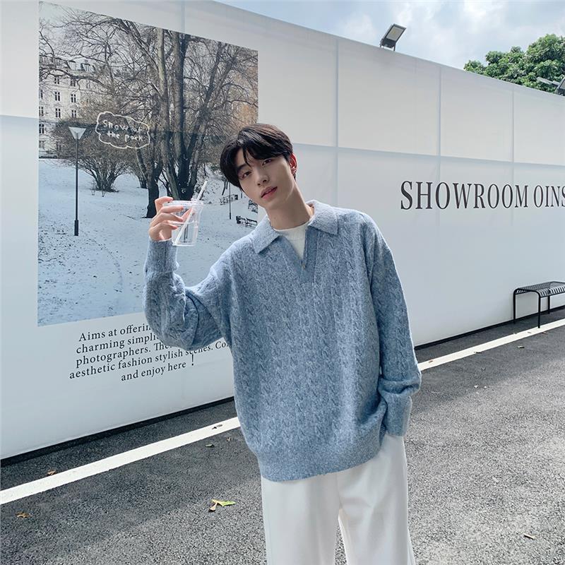 Korean Style Gray Fake Two-Piece V-Neck Pullover Sweater for Men, Autumn and Winter Style, Lazy Style, Loose and Drapey Knitted Cardigan Jacket