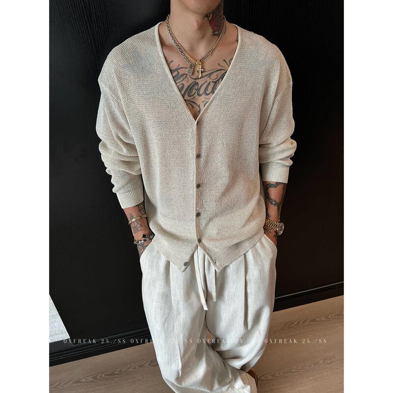 Old Money Style V-Neck Knitted Cardigan for Men, Summer Casual High-End Long-Sleeve Shirt, Light Luxury and Elegant Sun Protection Cover-Up Old Money Style V-Neck Knitted Cardigan for Men, Summer Casual High-End Long-Sleeve Shirt, Light Luxury and Elegant Sun Protection Cover-Up