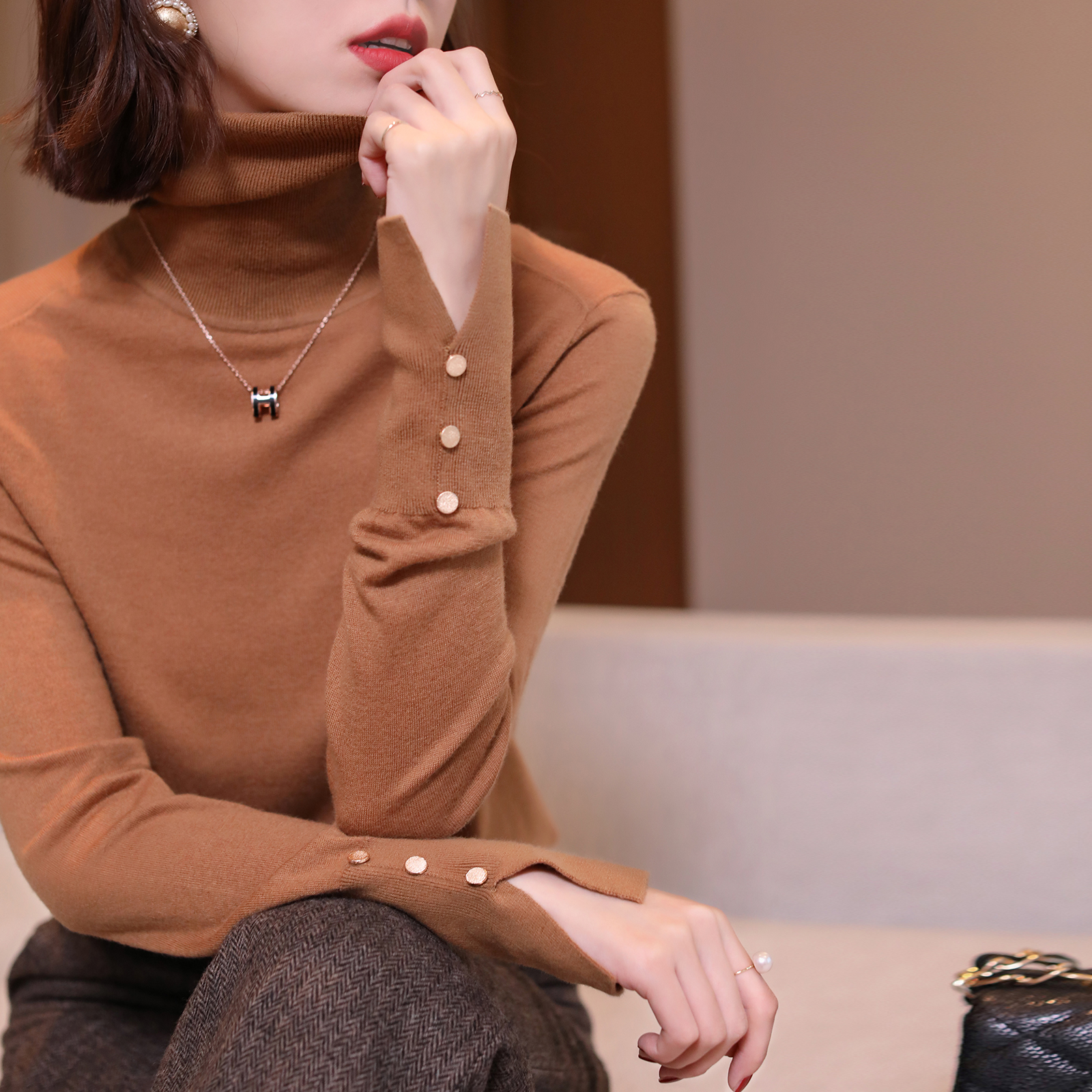 Gentle-elegant-Cognitive Autumn Winter New Wool Knit Cardiovert high collar Long sleeves Nets for women
