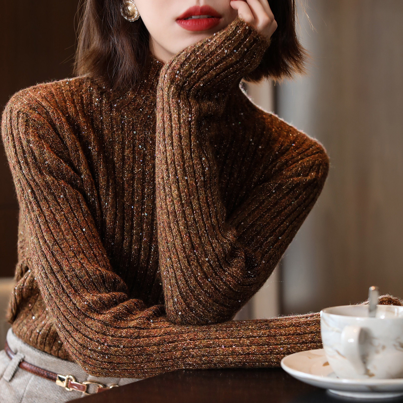 FENPERATE high-collar sweater woman 2022 Winter new sequin to the bottom of the ground with a wool-knitted sweatshirt