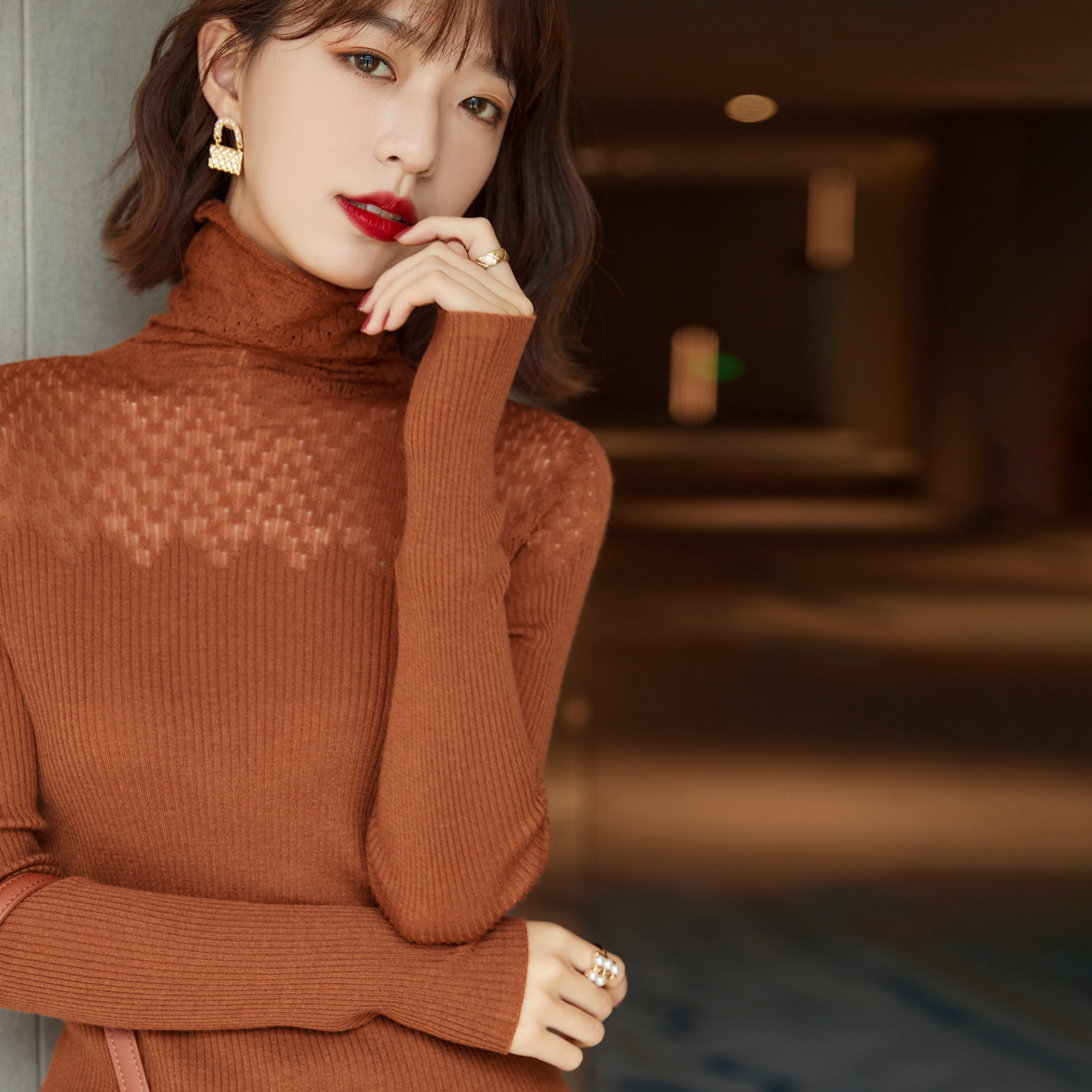 2022 autumn and winter new temperament sexy slightly transparent turtleneck bottoming wool sweater women