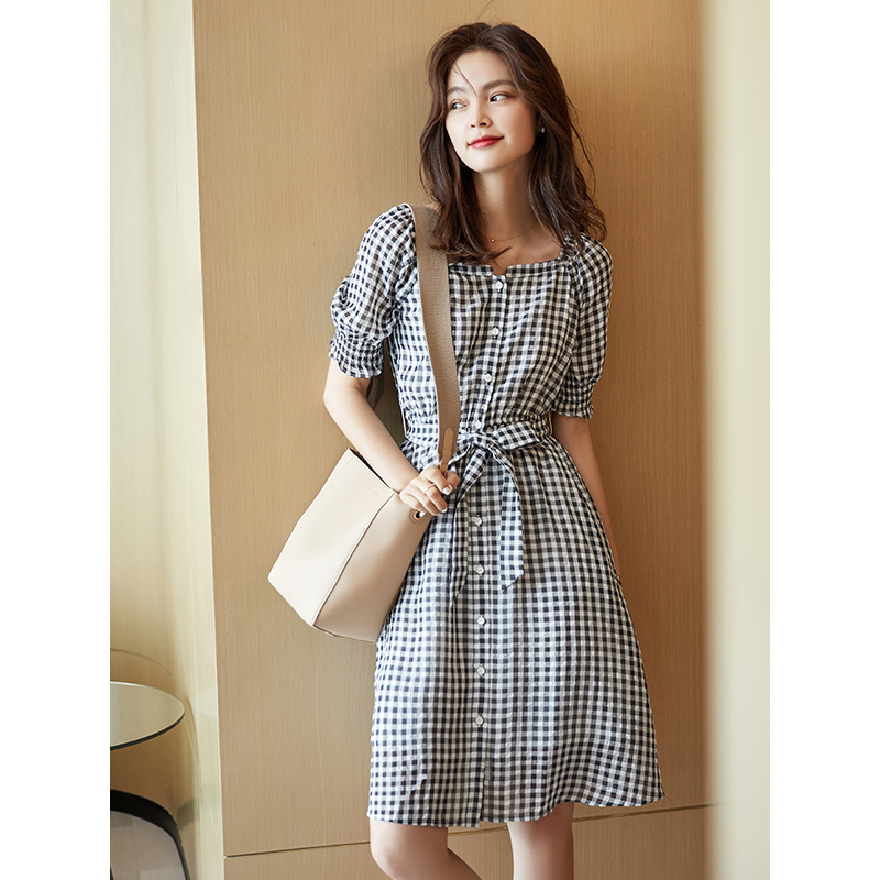 FENPERATE French style square collar Blister Plaid with dress Feminine Summer Temperament LACE UP SLIM MID-LENGTH DRESS