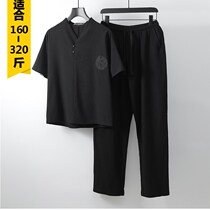 Dad summer embroidery set short sleeve T-shirt imitation linen plus fat plus size sports fat man cotton shirt