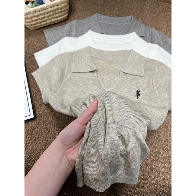 Pony Embroidery Ice Silk Short-Sleeve T-Shirt for Women, Summer 2026 New Style, Polo Collar, Loose Fit, Slimming Knit Top, Trendy