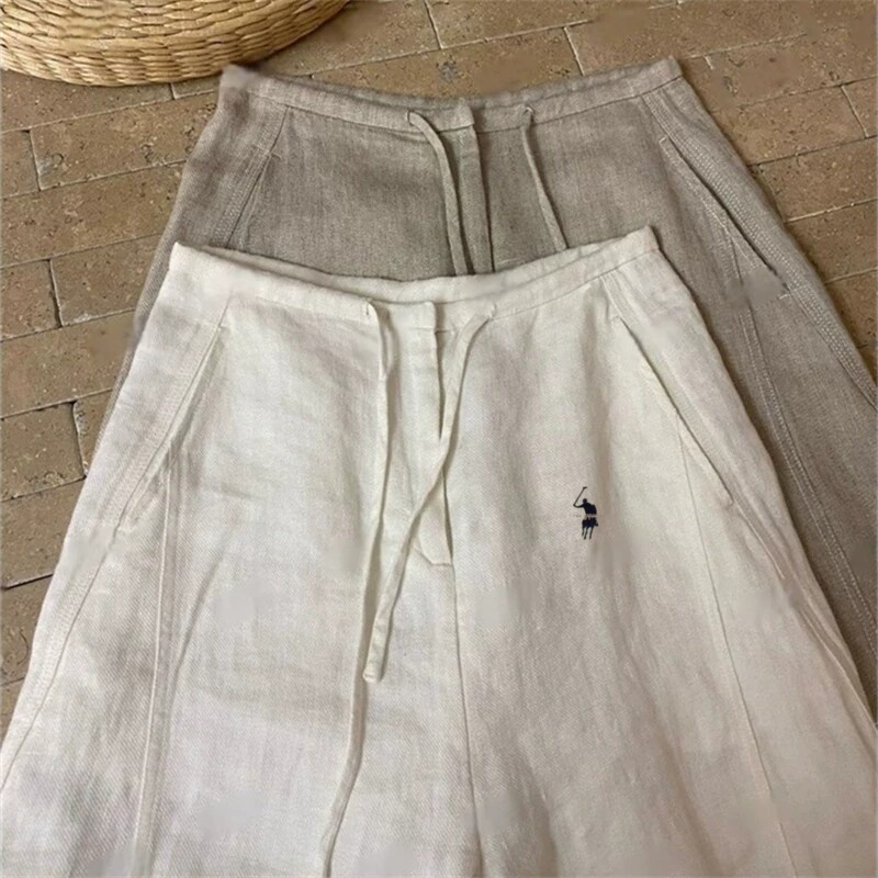 Little Horse Embroidered Linen Wide-Leg Pants for Women 2026 Summer Thin High-Waisted Draped Casual Wrinkle-Resistant Breathable Straight-Leg Pants
