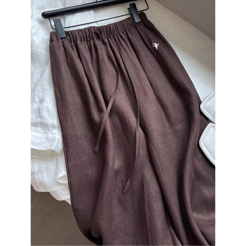 Brown Cotton-Linen Wide-Leg Pants with Horse Embroidery and Sycamore Pattern for Women, Summer Linen Drapey Old Money Style Casual Pants Brown Cotton-Linen Wide-Leg Pants with Horse Embroidery and Sycamore Pattern for Women, Summer Linen Drapey Old Money Style Casual Pants