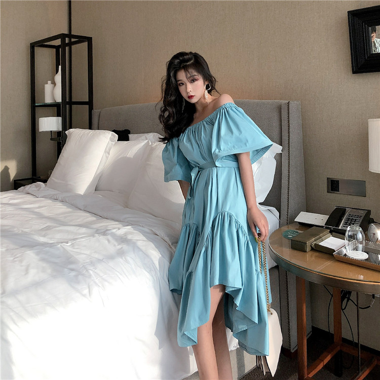 VK旗艦店 韓系不規則一字領氣質短袖洋裝