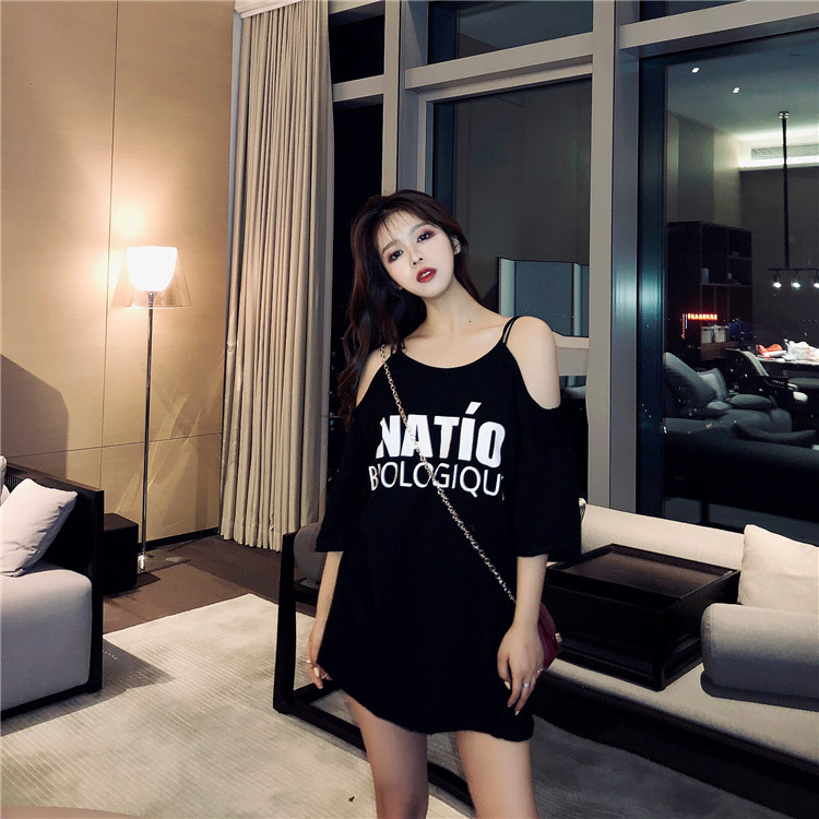 VK旗艦店 韓系露肩小心機露背印花寬鬆短袖洋裝