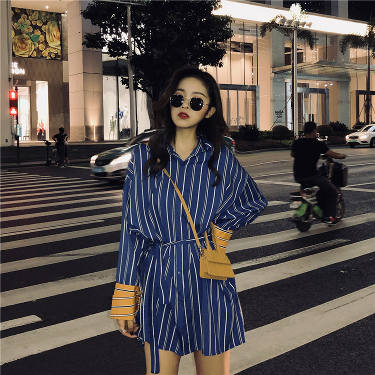 VK旗艦店 韓國風時尚條紋襯衫裙收腰顯瘦長袖洋裝