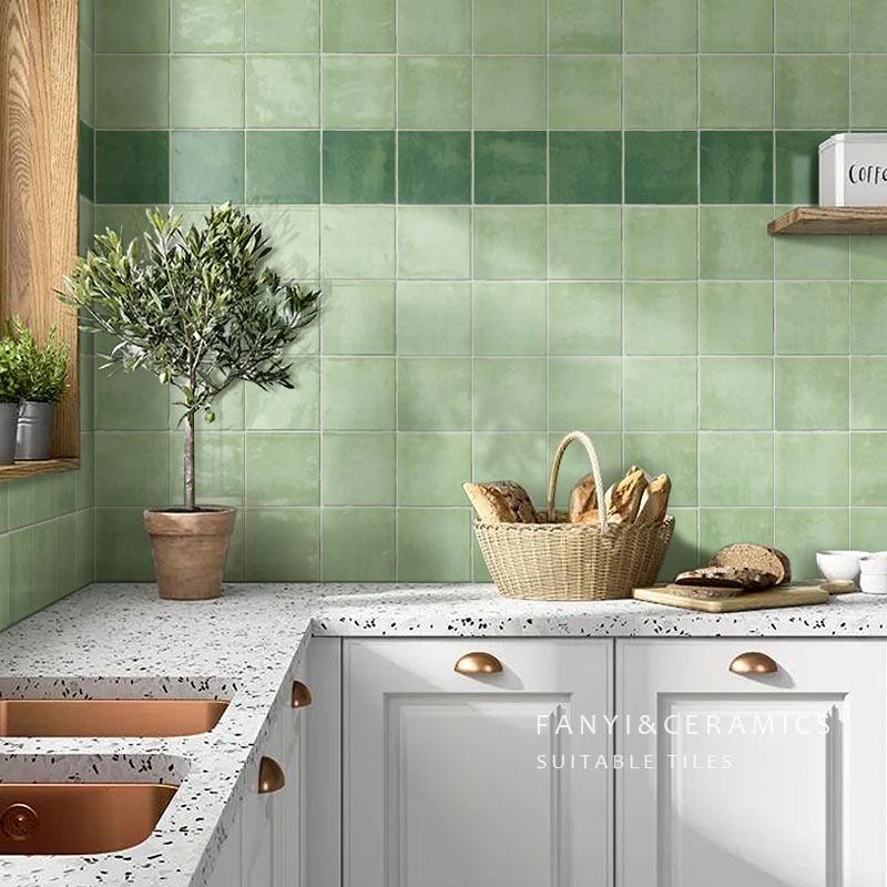 French-Style Green Gradient Small Square Tiles for Toilets, Bathrooms, Coffee Shops, Hotels, Balconies, Kitchens, and Shop Walls