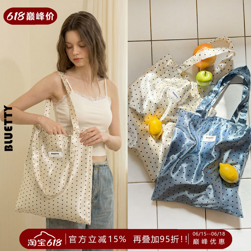 Bluetty Ballet Style Polka Dot Canvas Bag for Women, Ins Style Lazy Style Shoulder Tote Bag, Versatile Casual Shopping Bag