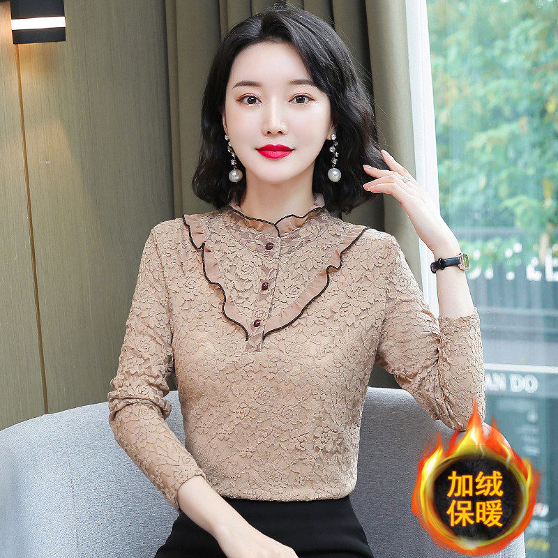 Large size calorie heating clothes woman thickened with velvety single blouse jacket autumn and winter outside wearing tight and semi-high collar lace undershirt