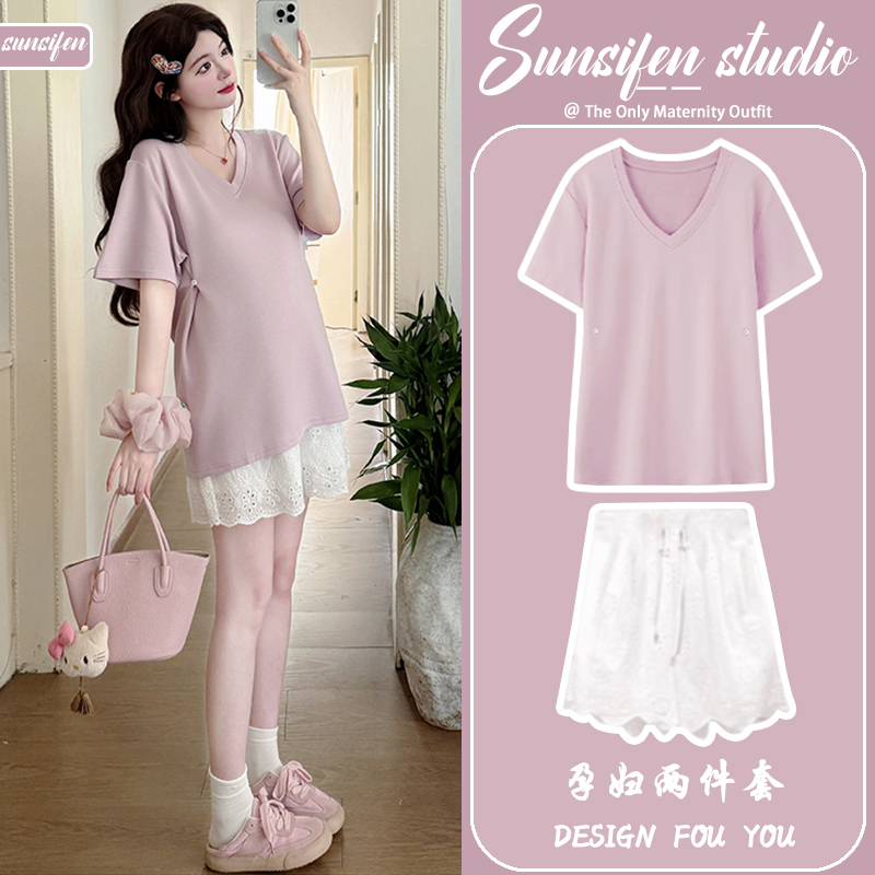 Maternity Suit Summer 2025 New Fashion Lazy Style Purple Pink V-Neck Top Pure Cotton Embroidered Shorts Two-Piece Set
