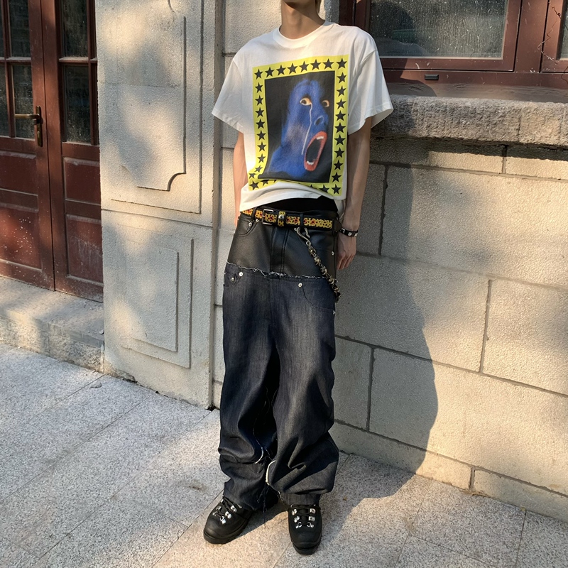 Oieva25Ss Spring/Summer Patchwork Lychee Leather Baggy Raw Hem Distressed Raw Denim Jeans