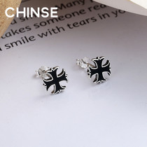 Sterling silver earrings mens black cross earrings 2021 New Tride boys and girls cool handsome Tide people single earrings