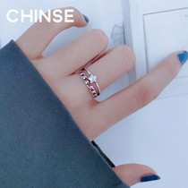 South Korea s925 sterling silver minimalist geometric chain ring female personality retro double-layer five-pointed star twist opening Tide people