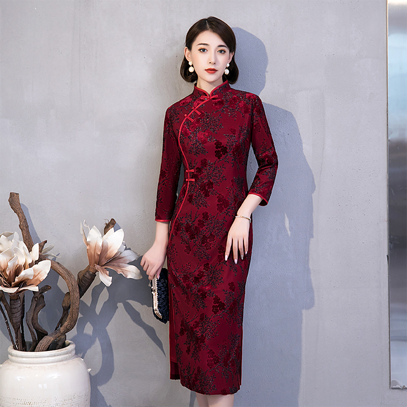 Autumn demi-season velvet wedding dress for mother, elegant cheongsam, plus size