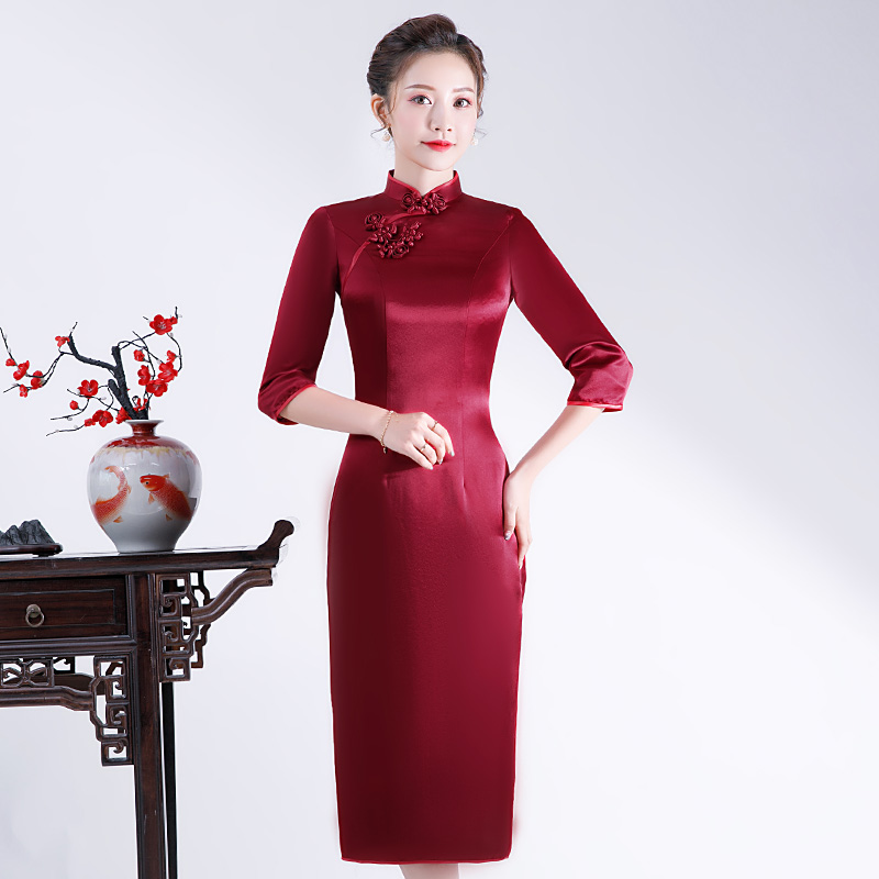 Demi-season wedding dress for mother, down jacket, long cheongsam, mid length, western style