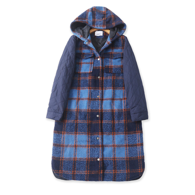 Foreign Trade Autumn and Winter Women's Woolen Coat with Hood, Single-Breasted, Quilted Patchwork Cotton Jacket with a Sense of Design