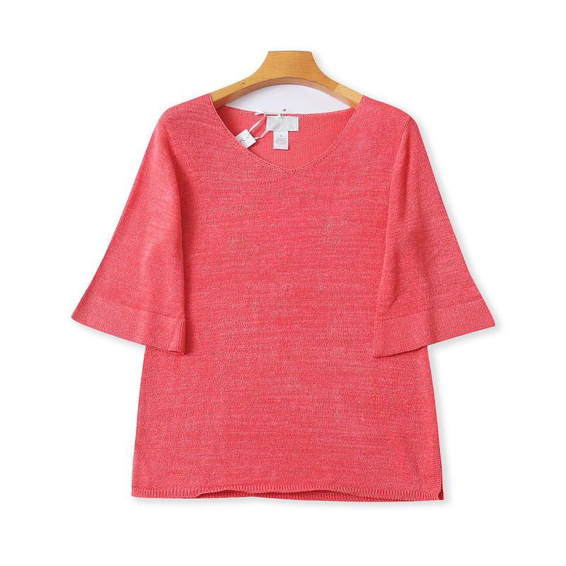 Foreign Trade Spring and Summer Women's Knitted T-Shirt, V-Neck, Loose Fit, Slimming, Versatile, Casual, Age-Reducing, Dopamine Sweet Top