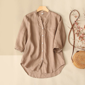 Large size mother cotton and linen short-sleeved shirt women's summer 2022 new linen foreign style small shirt loose top is huge and thin