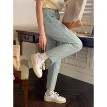 Straight-leg jeans for women retro spring and autumn new fashion loose high-waisted slim and tall nine-point cigarette pants for small people