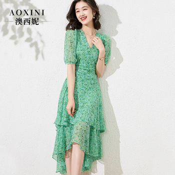 Green floral dress female summer waist thin irregular ruffled high-end soft puff sleeve fishtail skirt