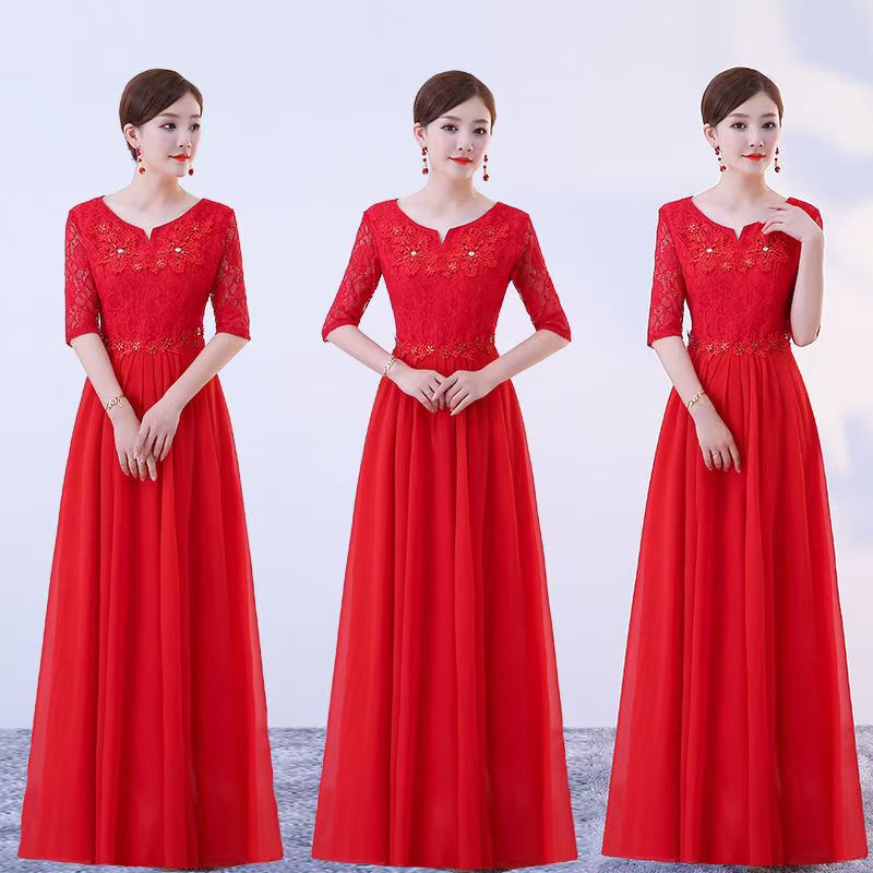 New Style Chiffon Long Dress for Middle-Aged and Elderly Choir Performances, Red Song Host Banquet High-End Evening Dress